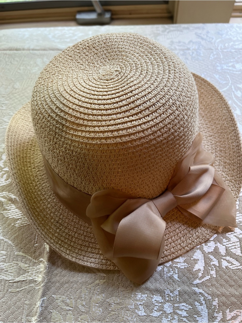 Source Unknown Beige Straw Sun Hat with Bow